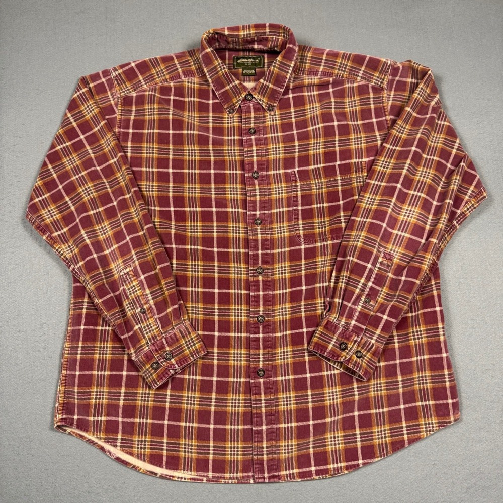 Eddie Bauer Men Large Burgundy Plaid Corduroy Long Sleeve Button Up Shirt Pocket